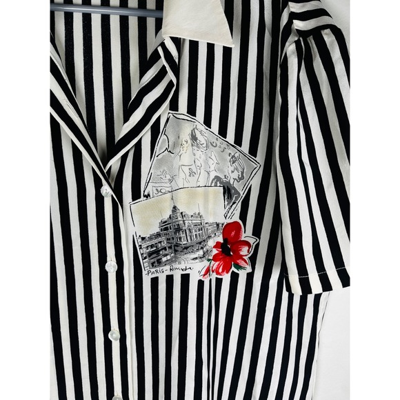 Mondi The Company Striped Shirt Paris Flower Black White 100% silk - Picture 2 of 10